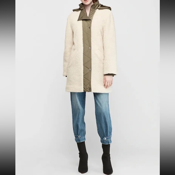 EXPRESS White & Green Sherpa faux fur hooded teddy coat jacket parka XS - Picture 1 of 6